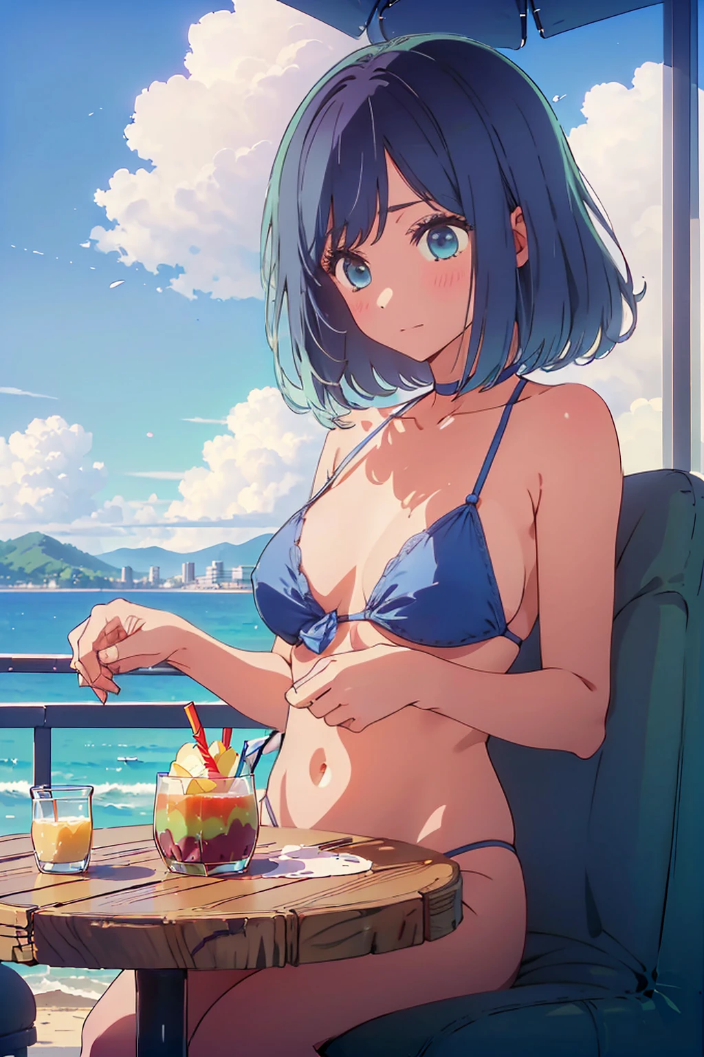 (Highest quality:1.4、masterpiece:1.4、Super detailed:1.4、8K:1.4)、F cup bust、Big Breasts、Slim body、((((1 person、Surprised expression、sit、Chair、In the background are the urban buildings of Tokyo、looking at the camera、Outdoor café terrace、coastal、Navy hair color、juice、Shooting up close、table、Very cute face))))、(Pose of putting hair behind ears with hands:1.4、Cheek resting on hand:1.4)、((nude、Areola、bikini size too small))、Seamless see-through top、Very blue sky、A completely cloudless sky、Big eyes