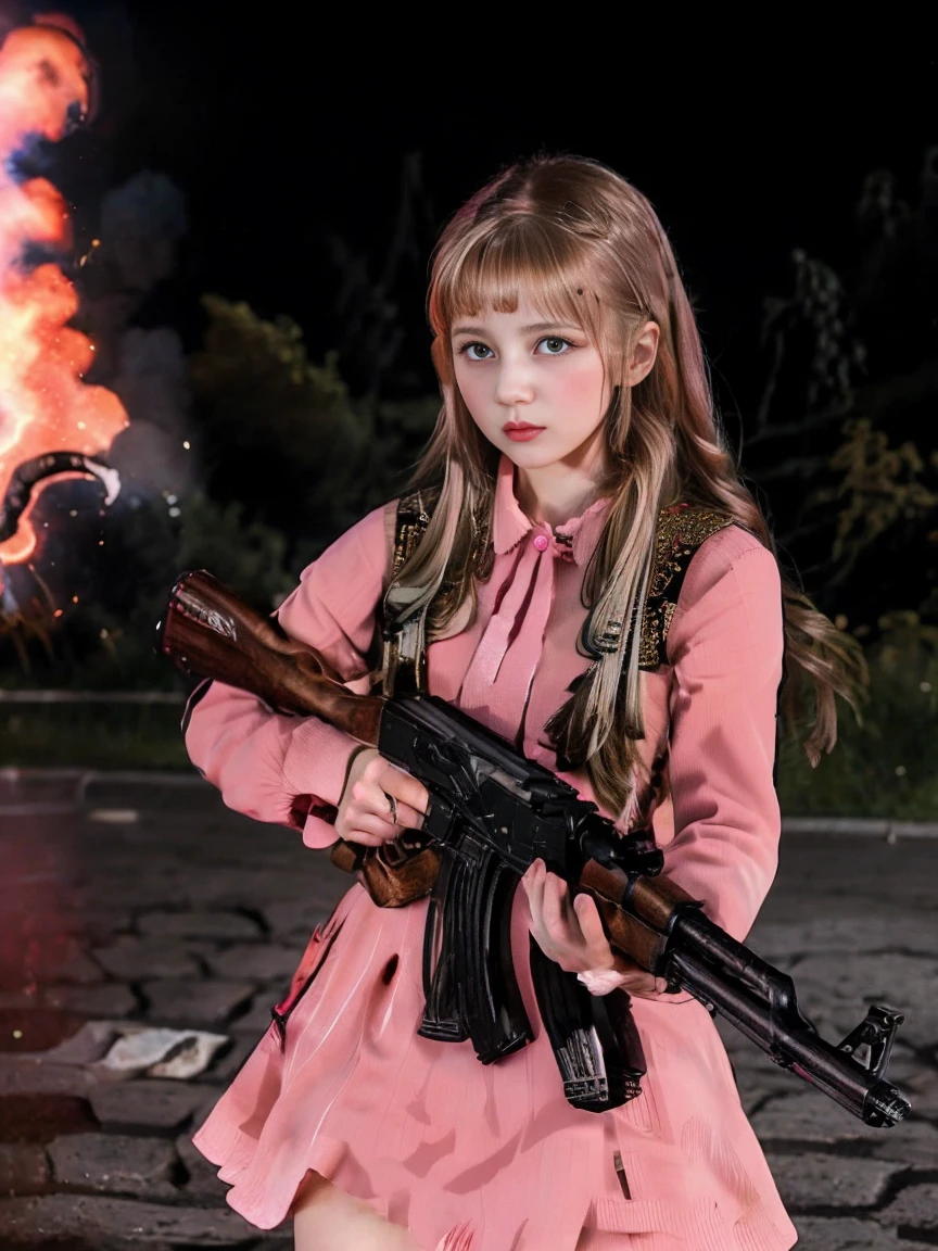 photo russian girl 18 age wearing pink dress firing from ak47rfs, ak47rfs, ak47rfs hands, ak47rfs shooting, in her hands, maximalist,dof, soviet era,