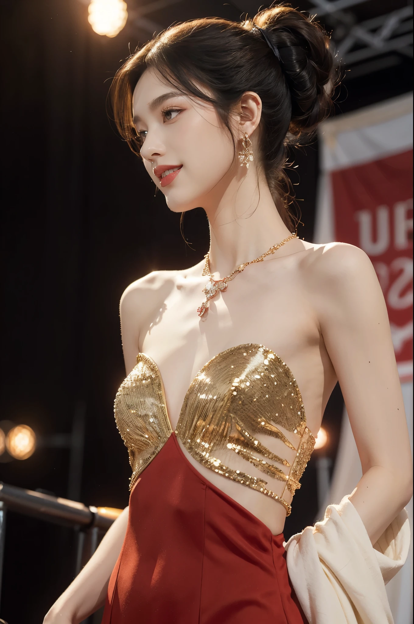 (((best quality))),(((ultra detailed))),(((masterpiece))),illustration, 1girl,singer,solo,short ponytail,open mouth,laughing,slim,thin,flat chest,small breasts,earrings,necklace,Maxi gorgeous sparkled red gown,slender legs,on the stage, performance, passion, confidence, elegance, lighting effects, decorations, audience, melodious voice, beautiful appearance, captivating performance,standing,upper body,from front