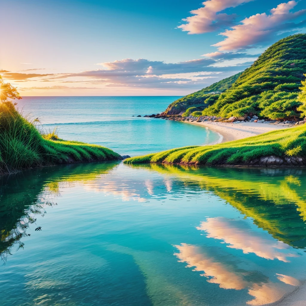 Make the most beautiful summer season landscape that you can, make it look like an anime, make it look more summery, the main focus is summer, make it a beach landscape with reflections in the ocean