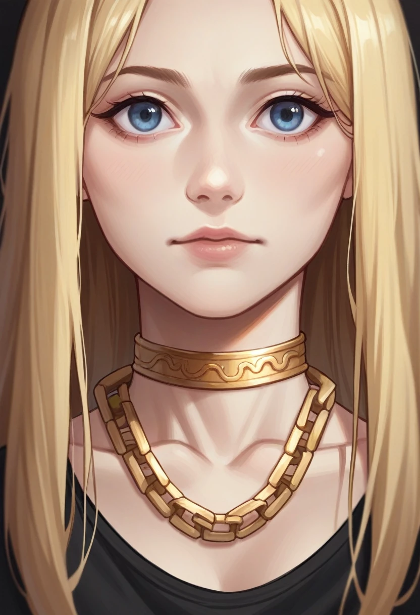 a woman with blonde hair wearing a black shirt and a gold chain around her neck, wearing gold chain, wearing a gold chain, detailed portrait shot, medium close up portrait, wearing gold detailed choker, close up portrait shot, photo of young woman, portrait of nordic girl, medium portrait, portrait 8 k, soft portrait shot 8 k, wearing a chain, gold chain necklace, portrait of young woman, 1 / 4 portrait, multiple golden necklaces, gold necklace, young blonde woman, portrait photo, small necklace