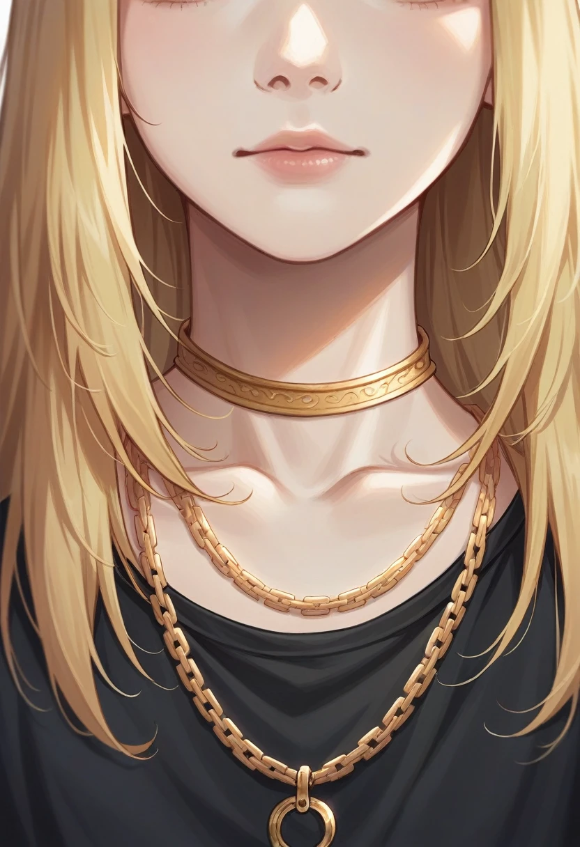 a woman with blonde hair wearing a black shirt and a gold chain around her neck, wearing gold chain, wearing a gold chain, detailed portrait shot, medium close up portrait, wearing gold detailed choker, close up portrait shot, photo of young woman, portrait of nordic girl, medium portrait, portrait 8 k, soft portrait shot 8 k, wearing a chain, gold chain necklace, portrait of young woman, 1 / 4 portrait, multiple golden necklaces, gold necklace, young blonde woman, portrait photo, small necklace