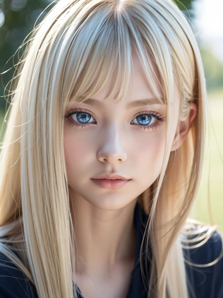 beautiful Scandinavian girl with beautiful bright blonde hair.、セクシーでとてもbeautiful輝くかわいい顔、Beautiful, glowing skin、Mysterious blonde light reflecting dazzlingly、beautiful, Cute and sexy, Large, shining, pale, light blue eyes、Very big eyes、beautiful super long shiny silky blonde hair、Swing your bangs in front of your eyes、セクシーな16歳のかわいいbeautiful女の子、blonde hair above eyes、片blonde hair above eyes、Blonde hair between the eyes、Cheek highlight、Small Face Beauty、Black background、Close-up of face