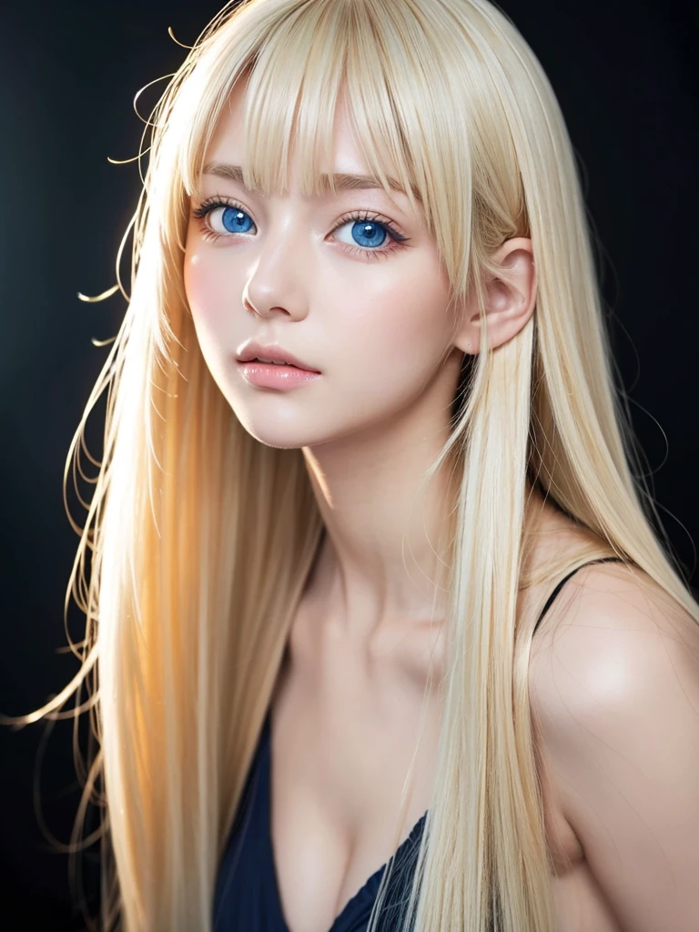 beautiful Scandinavian girl with beautiful bright blonde hair.、セクシーでとてもbeautiful輝くかわいい顔、Beautiful, glowing skin、Mysterious blonde light reflecting dazzlingly、beautiful, Cute and sexy, Large, shining, pale, light blue eyes、Very big eyes、beautiful super long shiny silky blonde hair、Swing your bangs in front of your eyes、セクシーな16歳のかわいいbeautiful女の子、blonde hair above eyes、片blonde hair above eyes、Blonde hair between the eyes、Cheek highlight、Small Face Beauty、Black background、Close-up of face