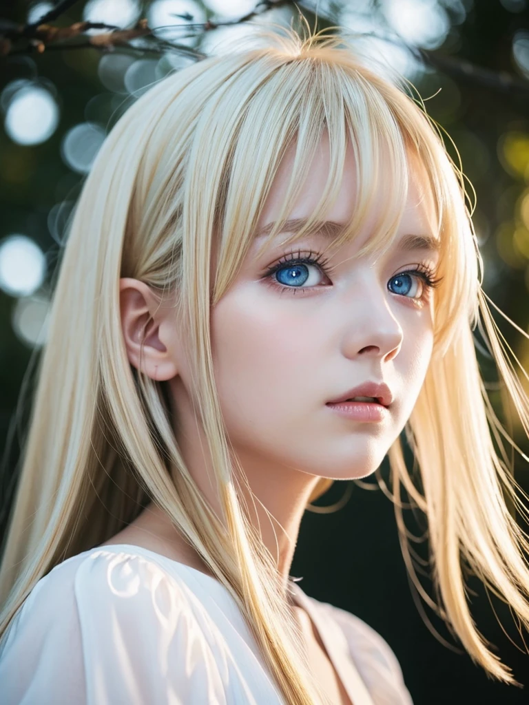 beautiful Scandinavian girl with beautiful bright blonde hair.、セクシーでとてもbeautiful輝くかわいい顔、Beautiful, glowing skin、Mysterious blonde light reflecting dazzlingly、beautiful, Cute and sexy, Large, shining, pale, light blue eyes、Very big eyes、beautiful super long shiny silky blonde hair、Swing your bangs in front of your eyes、セクシーな16歳のかわいいbeautiful女の子、blonde hair above eyes、片blonde hair above eyes、Blonde hair between the eyes、Cheek highlight、Small Face Beauty、Black background、Close-up of face