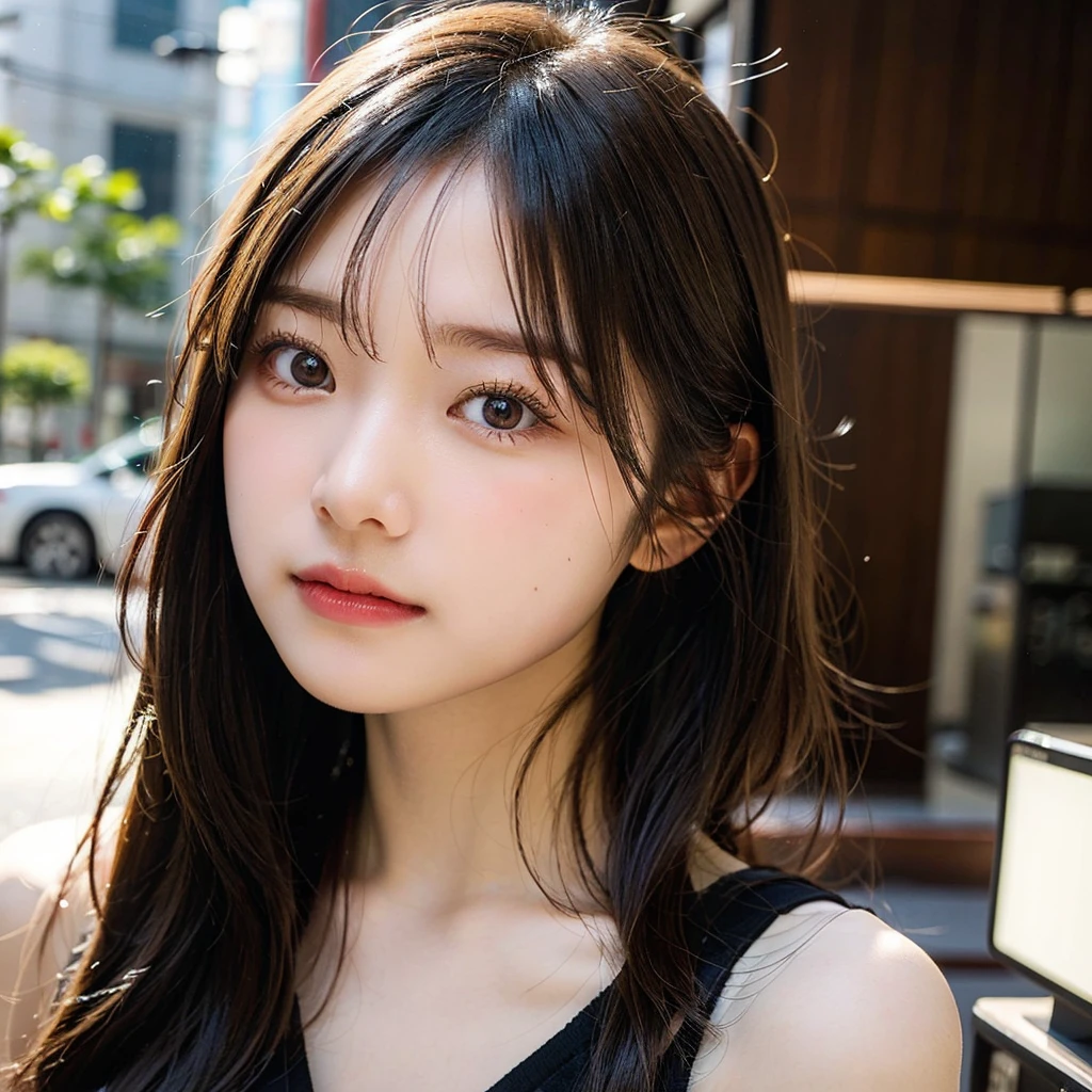 Tabletop, highest quality, shape, Very detailed, finely, High resolution, 8k wallpaper, 完璧なダイナミックな構shape, finelyて美しい目, Wearing a black dress,Medium Hair,Natural color lip, smile,Harajuku、Teenage Girl、cute、Looking at the camera、C Cup、Brown Hair、Blurred night New York background