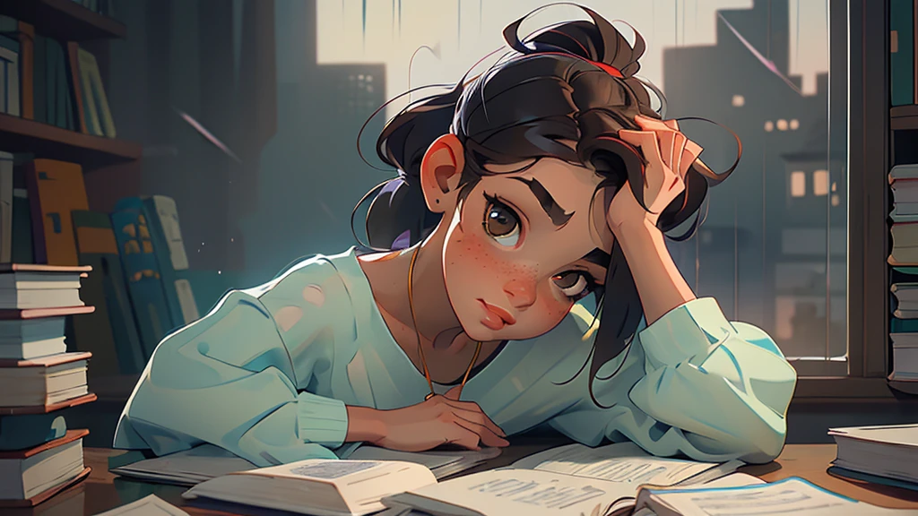(masterpiece, best quality), one woman, collarbone, wispy hair, looking at viewer, blur, upper body, necklace, desk, book, ponytail, freckles, brunette, rainy window,