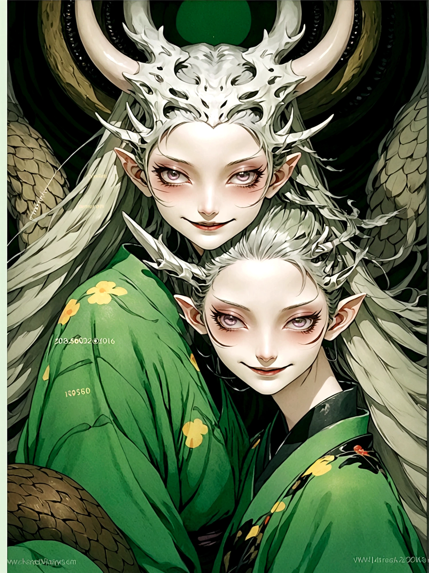 2 Girls，Green kimono，Horns on the head，Japan fear