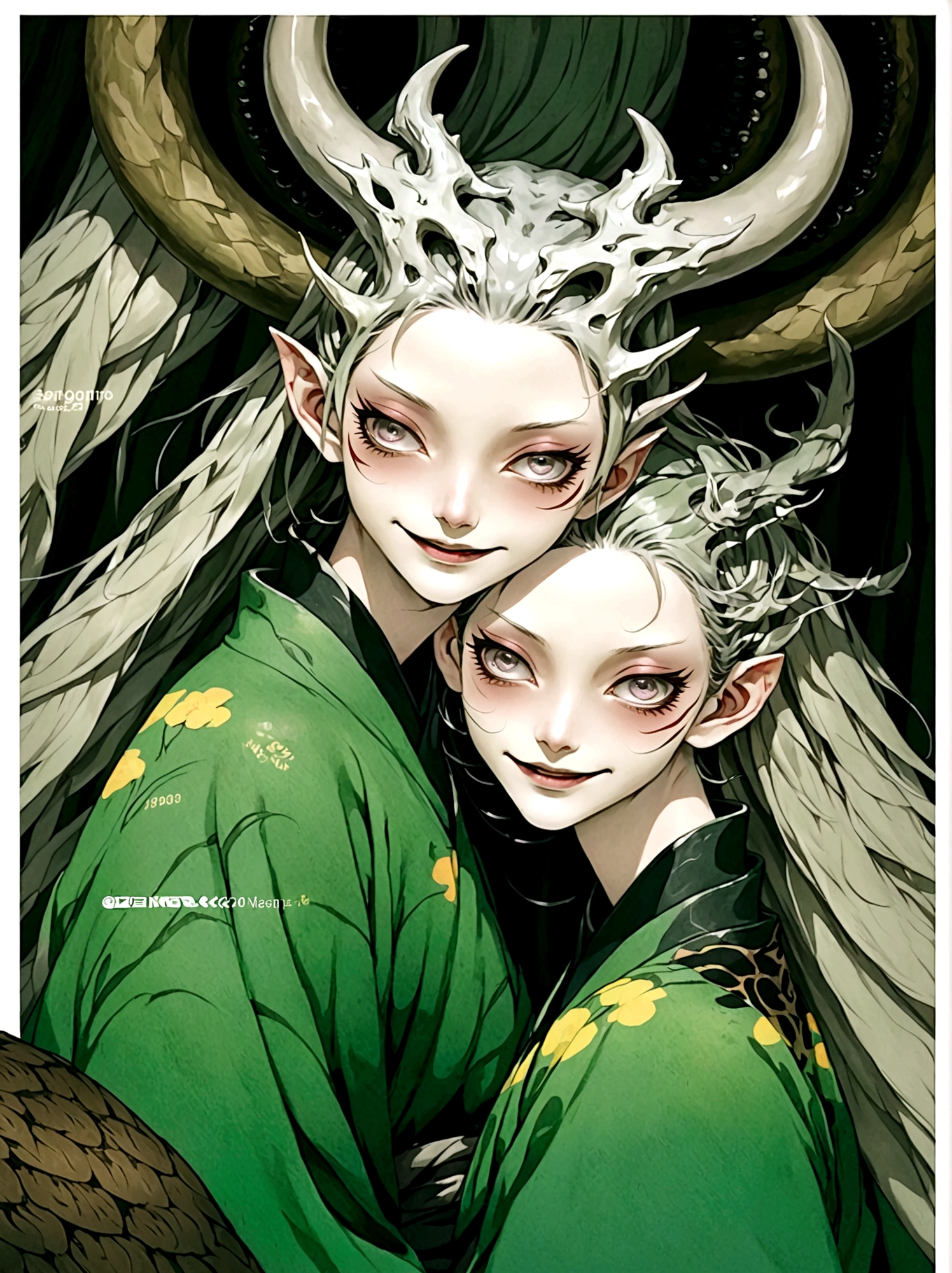 2 Girls，Green kimono，Horns on the head，Japan fear