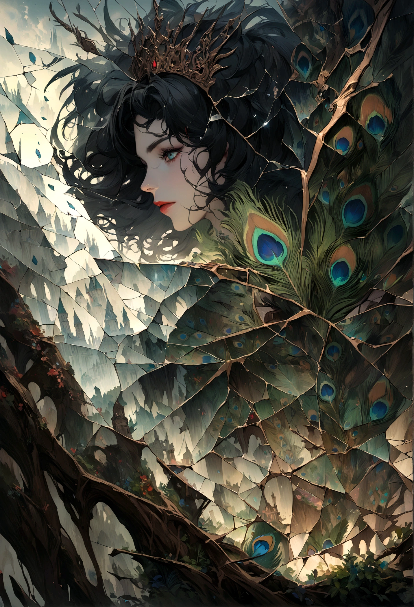 wonderland,Witch with mysterious powers,((beautiful)),Black hair,Dark Castle,Peacock feather,((Broken mirror,Fragments)),magic, Fantastic, Fantasy art concept, Intricate details, best quality, masterpiece, Extremely sharp, Surrealism