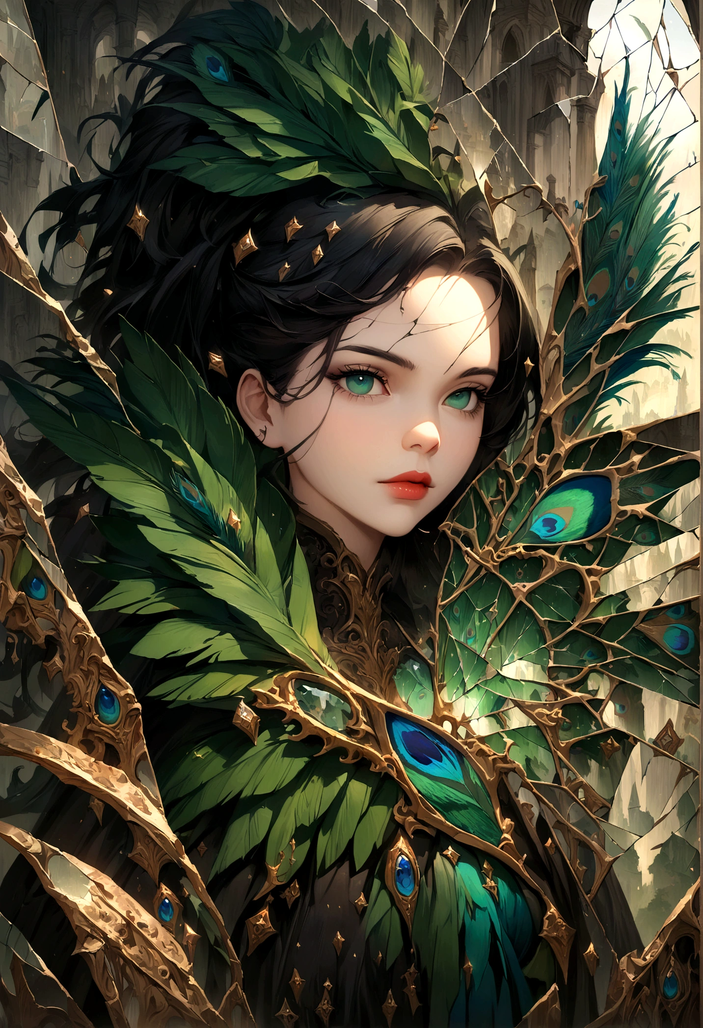 wonderland,Witch with mysterious powers,((beautiful)),Black hair,Dark Castle,Peacock feather,((Broken mirror,Fragments)),magic, Fantastic, Fantasy art concept, Intricate details, best quality, masterpiece, Extremely sharp, Surrealism