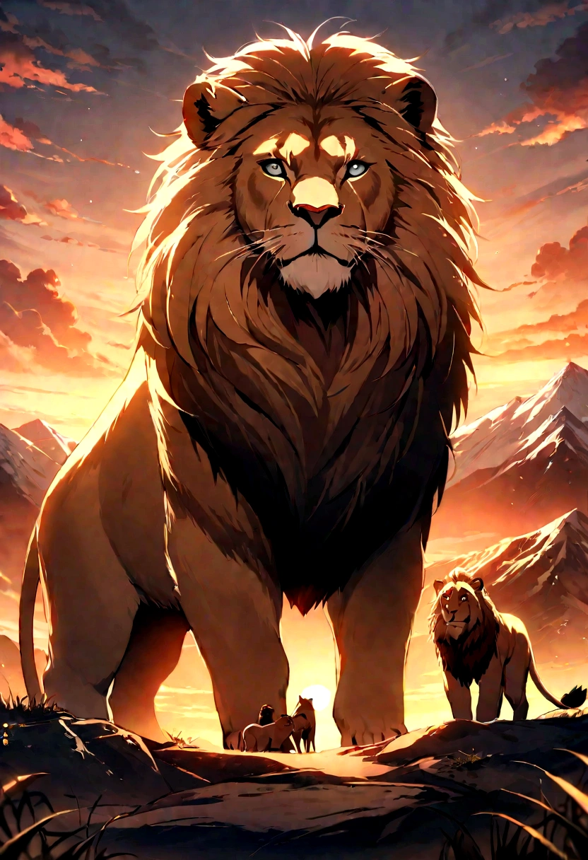In this scenario，A majestic lion stands on top of a magnificent mountain。Background: slowly setting sun.，Light shines across the landscape，Create warm, breathtaking sunsets。The lion&#39;s mane flutters gently in the wind，His gaze is firm and confident。This image shows the beauty and strength of wild animals in their natural ecology.，in the same time, he looks into your eyes with great power. The greatness and splendor of nature is emphasized。This is a picture, which makes you admire and feel the beauty of nature.，A stunning view of lions at sunset on top of the mountain captures the spectacle perfectly..。