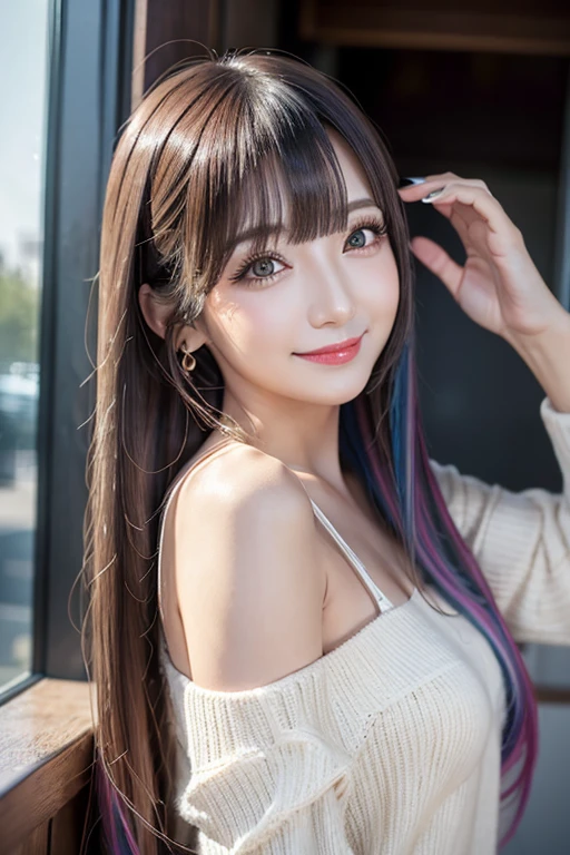 (((A real beauty))), RAW Photos, Black Hair、folder、Round eyes、False eyelashes、Straight Hair, correct、Pink lipstick、Striped Hair、Brown Hair、Blue Hair、(Gradient Hair)、Asymmetrical Hair、Hair behind the ear、Crossed bangs、Long Hair、((お尻までLong Hair))、Long Hair、Straight bangs、Smooth, silky hair、Hair up on one side、とんでもなくLong Hair、Light brown eyes、Ring Eye、Round eyes、Wicked Smile、A light smile、Cast a Shadow、(Extraordinary presence)、Atmospheric perspective、Backlight、Exposure、Lens flare、、最high quality、超High resolution、超High resolution、Very realistic, masterpiece、correct、Textured skin、high quality、最high quality、Awards、32k, 髪のfolder、Cunning、A light smile、Shy laugh、Redness in the ears、correct、Subjective、Shine、360° View、Very detailed、超High resolution、解剖学的にcorrect、masterpiece、Emphasize the chest、High resolution、High detail、Long eyelashes、A slight blush、Compensate, (((Full Body Shot)))、（Shot from above）、Arms raised pose、Shooting from a distance、Various angles of view、