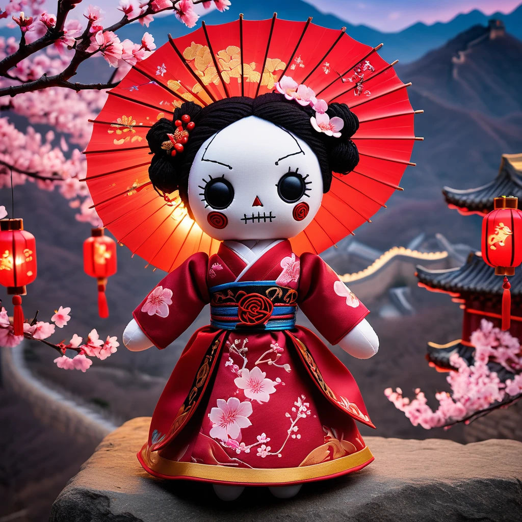 (knitted toy voodoo doll:1.7), (Voodoo Doll:1.3), (Clothing: traditional Chinese attire with dragon patterns:1.0), (Accessories: enchanted fan emitting red light, levitating lanterns:1.1), (background: iconic Great Wall of China with floating cherry blossoms, glowing hills, and sparkling sky:1.2), best quality, masterpiece, detailed soft oil painting, detailed background, dramatic cinematic lighting, soft edge lighting, professional, dramatic lighting, hard edge lighting, ultra quality, 4k, masterpiece, best quality, 8k, ultra high definition, high resolution, extremely detailed