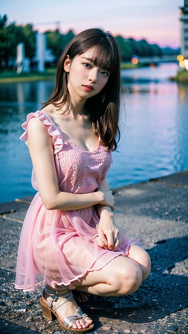 (8K、RAW Photos、Highest quality、masterpiece:1.2)、(Realistic、Realistic)、1 Girl、((Pink Dress、Frilled mini skirt、Big Breasts、I can see your chest、View from the front、See-through、Sandals、Kneel、In the city))、