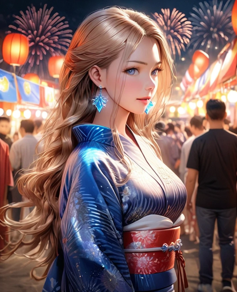 photorealistic,intricate details,8K,gal，an extremely delicate and beautiful,Beautiful and realistic skin,Shiny jewel-like earrings,glowing tattoo,Long colerful hair,blue eyes,whole body,Sparkly yukata,Summer Festival Night,Beautiful fireworks