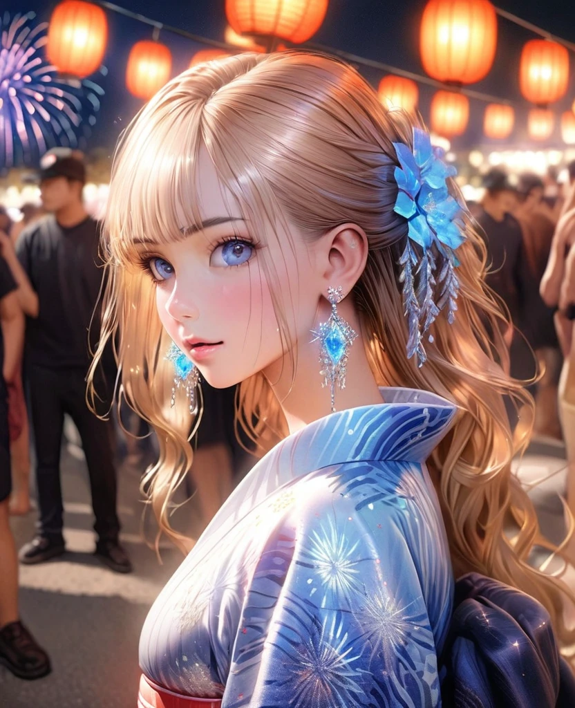 photorealistic,intricate details,8K,gal,an extremely delicate and beautiful,Beautiful and realistic skin,Shiny jewel-like earrings,glowing tattoo,Long colerful hair,blue eyes,whole body,Sparkly yukata,Summer Festival Night,Beautiful fireworks