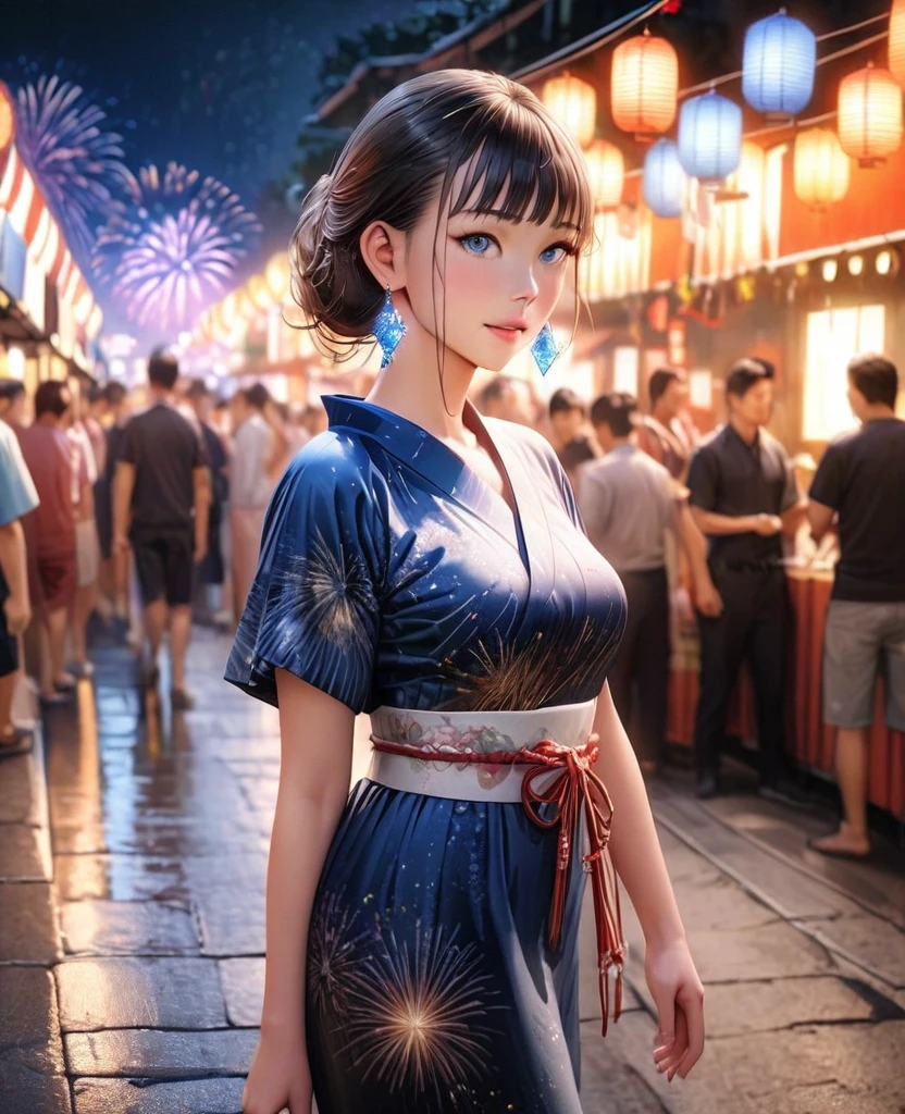 photorealistic,intricate details,8K,gal，an extremely delicate and beautiful,Beautiful and realistic skin,Shiny jewel-like earrings,glowing tattoo,Long colerful hair,blue eyes,whole body,Sparkly yukata,Summer Festival Night,Beautiful fireworks