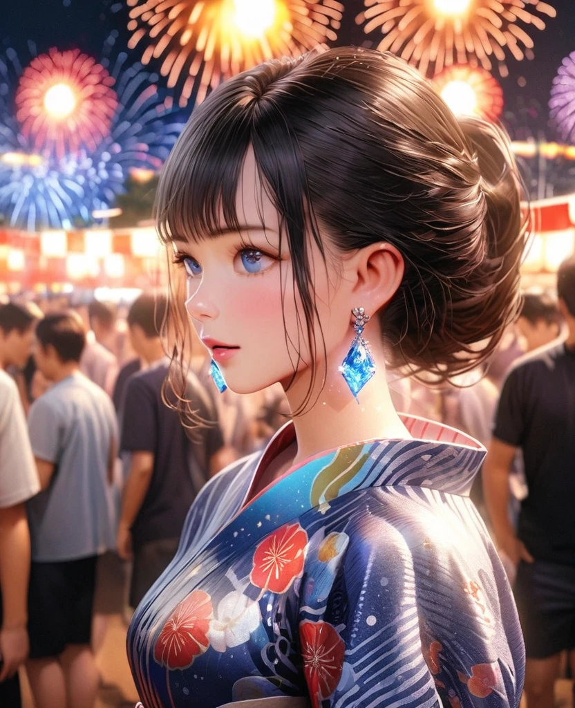photorealistic,intricate details,8K,gal,an extremely delicate and beautiful,Beautiful and realistic skin,Shiny jewel-like earrings,glowing tattoo,Long colerful hair,blue eyes,whole body,Sparkly yukata,Summer Festival Night,Beautiful fireworks
