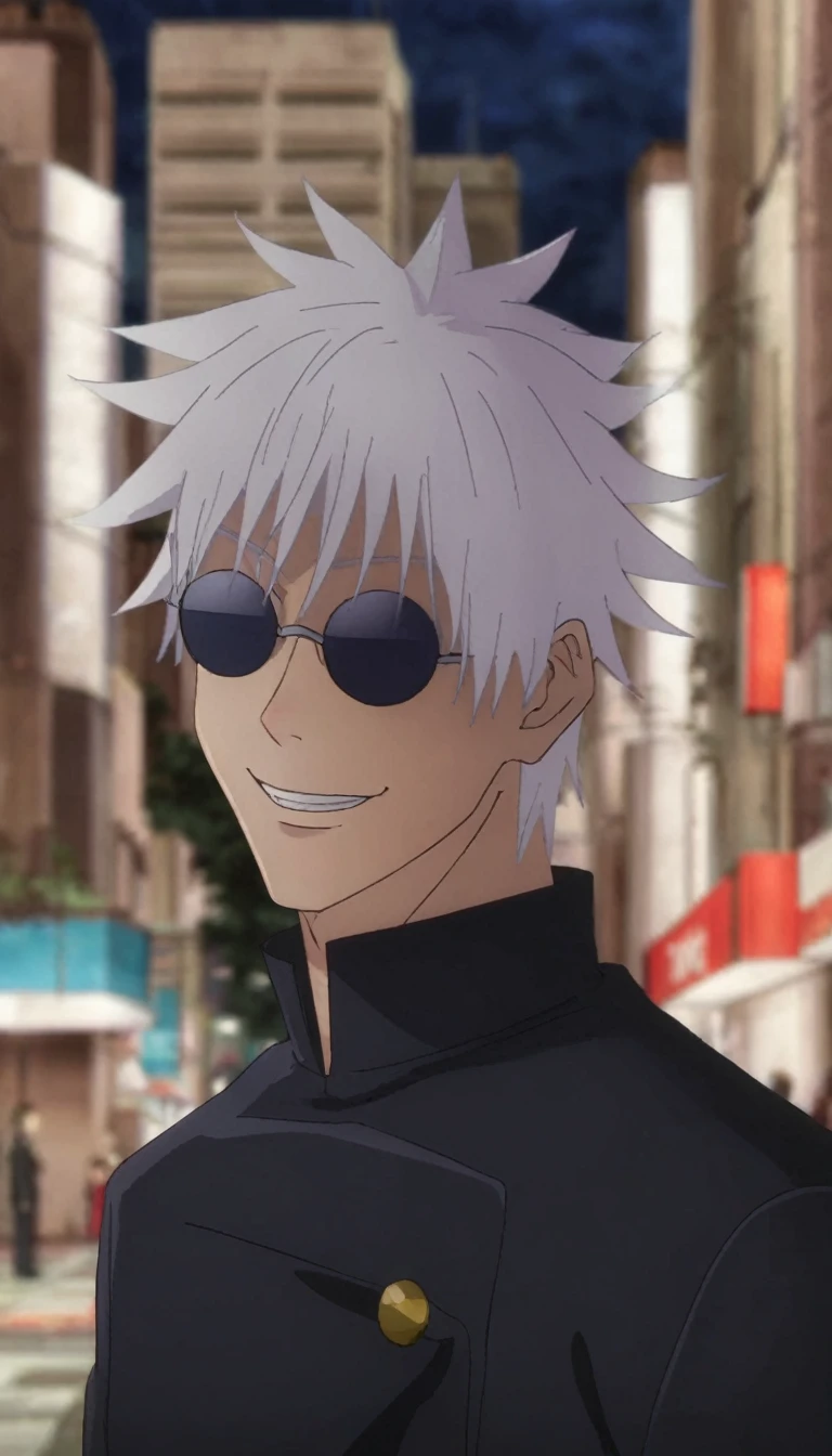 gojou satora, One boy, cool,manly,In the city at night , Jacket, Upper Body, Male Focus, black Jacket, sunglasses, High collar, Round Glasses, gakuran, smile
