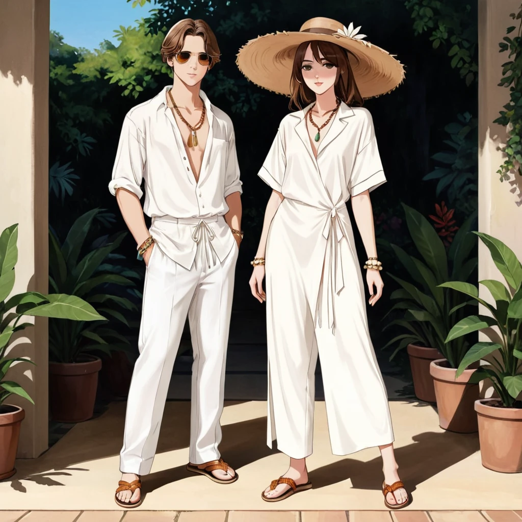 candid a hand drawing fashion sketching of good looking young man and woman, both aged 20 year old, ((showcase fashion in a White cotton-rayon outfits)), inspired by ZARA's resort collection blending local culture and nature in elegant bohemian style. The man wears an oversized short-sleeved bowling white shirt, paired with relaxed-fit white Drape Straight Pants, He completes his look with white leather-strap flip-flops, wooden-framed sunglasses, and a woven bracelet. The woman complements him in (a white a white rayon Drawstring-detail dress), Her ensemble includes with wooden accessorizes with a wide-brimmed straw hat, beaded-strap sandals and necklace. Captured in a ((full-body pose)),