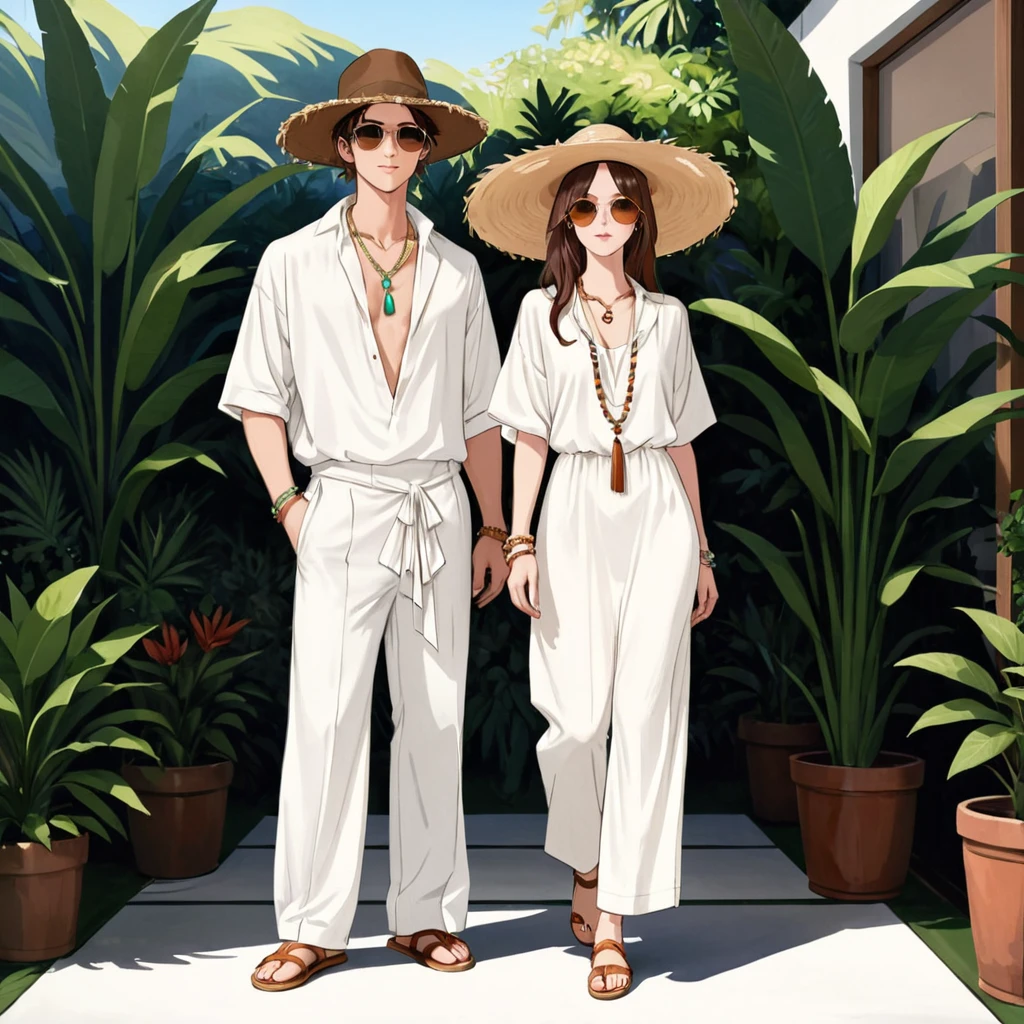 candid a hand drawing fashion sketching of good looking young man and woman, both aged 20 year old, ((showcase fashion in a White cotton-rayon outfits)), inspired by ZARA's resort collection blending local culture and nature in elegant bohemian style. The man wears an oversized short-sleeved bowling white shirt, paired with relaxed-fit  white Drape Straight Pants, He completes his look with white leather-strap flip-flops, wooden-framed sunglasses, and a woven bracelet. The woman complements him in (a white a white rayon Drawstring-detail dress), Her ensemble includes with wooden accessorizes with a wide-brimmed straw hat, beaded-strap sandals and necklace. Captured in a ((full-body pose)), 