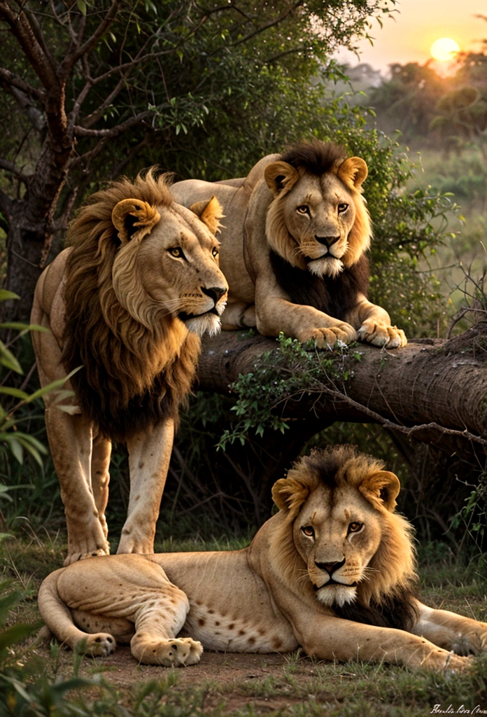 Lion and lioness 2 cubs sunset in the jungle