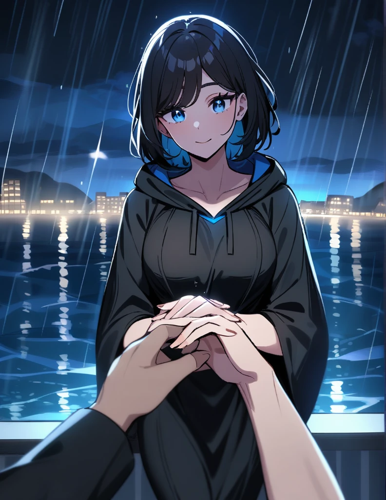 Mysterious greek milf woman with short hair, wearing a black hooded robe, with dazzling blue eyes, holds out her hand while making a proposal, on a rainy night with the thundering ocean in the background