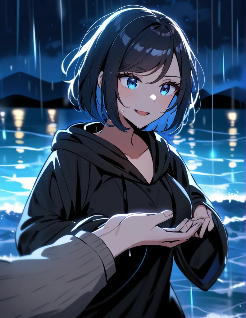 Mysterious greek milf woman with short hair, wearing a black hooded robe, with dazzling blue eyes, holds out her hand while making a proposal, on a rainy night with the thundering ocean in the background