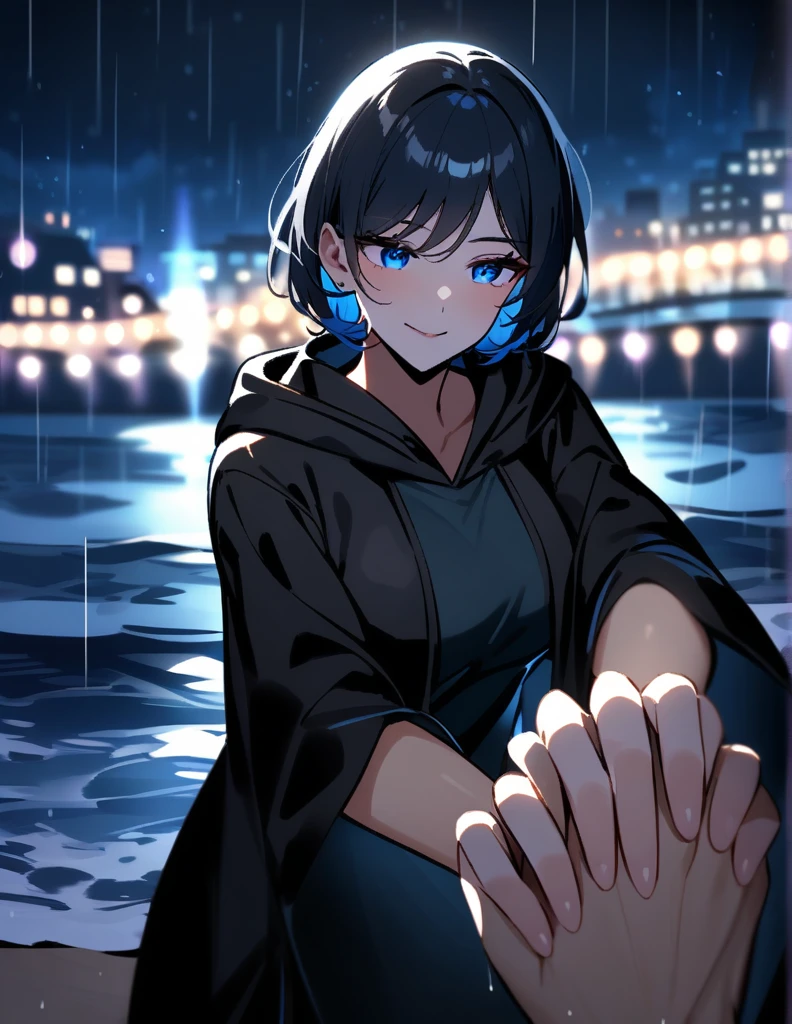 Mysterious greek milf woman with short hair, wearing a black hooded robe, with dazzling blue eyes, holds out her hand while making a proposal, on a rainy night with the thundering ocean in the background