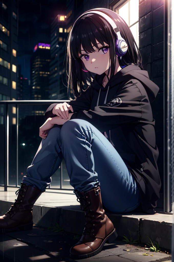 Takiuchikami, Check it out, Long Hair, bangs, Black Hair, (Purple eyes:1.2),Oversized blue hoodie,Wired headphones,jeans,short boots,Sitting on the steps of a building,Hiding in a roofed building,whole bodyがイラストに入るように,rain,cloudy,night,
break outdoors, Building district,
break looking at viewer, whole body,
break (masterpiece:1.2), Highest quality, High resolution, unity 8k wallpaper, (figure:0.8), (Beautiful attention to detail:1.6), Highly detailed face, Perfect lighting, Highly detailed CG, (Perfect hands, Perfect Anatomy),