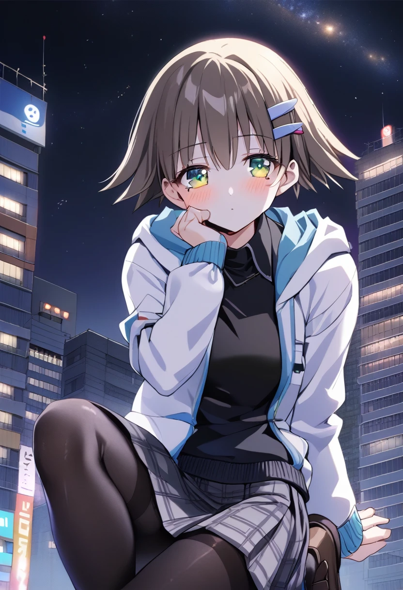 ((nozomi)),((masterpiece, highest quality)), (full body:1.3),octane, null, star (null), scenery, starry null, night, 1 girl, night null, alone, outdoor, building, cloud, milky way, sitting, wood, long hair, city, silhouette, cityscape,city seen from a distance, Tokyo, city billboard, 1 milky way in the null, (1girl:1.3),(Perfect hands:1.3),(Perfect Anatomy:1.3), (master piece:1.3),(best quality:1.3), detailed,8k ②th：high resolution,beautiful detailed eyes, cute eyes, sparkling pupils, Intricate Iris Details, Captivating Eye Reflections, Sparkling Highlights in the Eyes, Depth and Dimension in the Pupils, Subtle Color Variations in the Iris, Meticulous Eyelash Details, detailed eyes, ③Lighting：Best Illumination, Part ④⑤: ultra-detailed face,detailed skin, ⑥Body shape：(slender body type:1.3), Seven heads, small head, ⑦Skin: ⑧Expression：(blush:1.1), Looking at Viewer, waiting for a kiss,, (mole under eye:0.8)、aamadoka,(mole under eye:0.8),short hair,bangs,hairclip,black sweater,hood,long sleeves,collared shirt,plaid skirt,grey skirt,(black pantyhose:1.4), thighband pantyhose,loafers,brown footwear, short hair、bangs、Hair clip ⑪Hair: shiny hair, floating hair, short hair, brown hair, mole under 