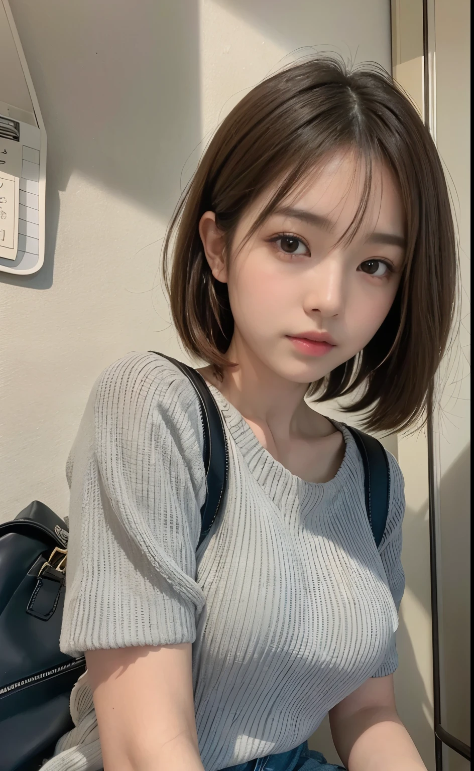 Cute 21 year old Japanese、university student、Large classroom、barely、Ultra-detailed face、An eye for detail、double eyelid、Beautiful thin nose、Sharp Focus:1.2、Beauty:1.4、(Light brown hair、short hair、Highest quality、illumination、Impressive、Ultra-high resolution、(Photorealistic:1.4)、Cute spring clothes、