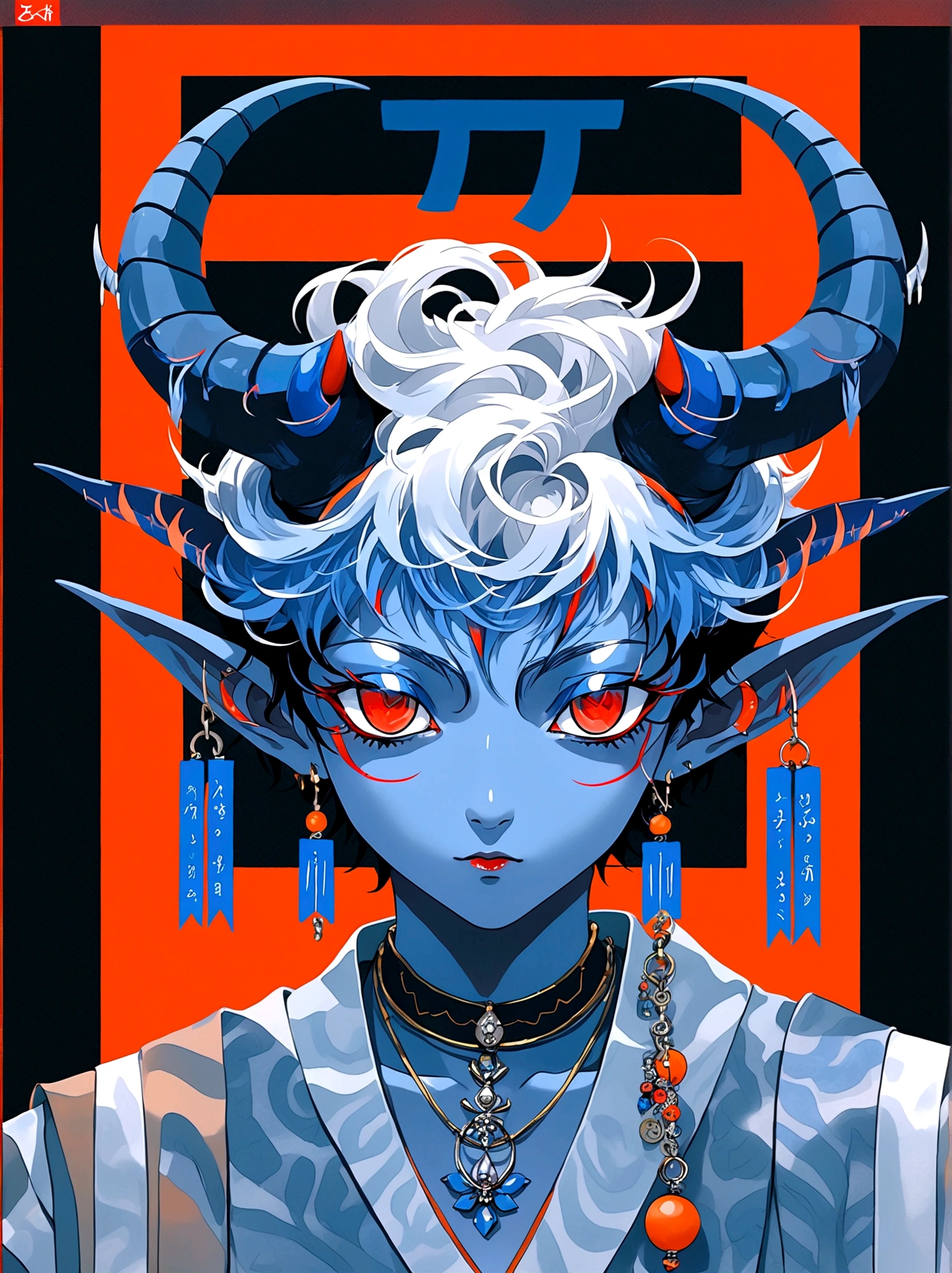blue and orange,Elf Boy,With horns,earrings,Orange Eyes,Japanese horror style