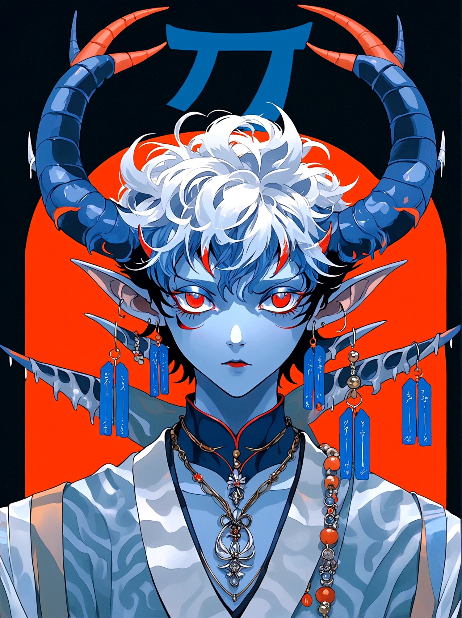blue and orange,Elf Boy,With horns,earrings,Orange Eyes,Japanese horror style