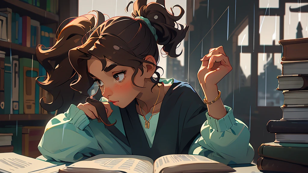 (masterpiece, best quality), one woman, collarbone, curly hair, side view, blur, upper body, necklace, desk, book, ponytail, , brunette, rainy window