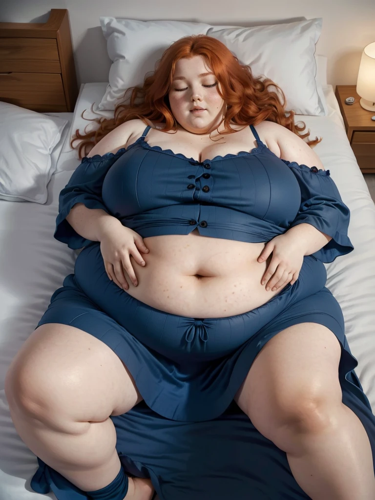 A sleeping photo of a young beautiful redhead bbw with long wavy ginger hair soft fat belly, wide fat obese hips, thick fat legs and fat arms, cute pretty face, small breasts, blue eyes, freckles, in a dark blue pijama dress laying and sleeping in a comfortable big double-bed with lot of pillows and blankets in a modern bedroom at dawn