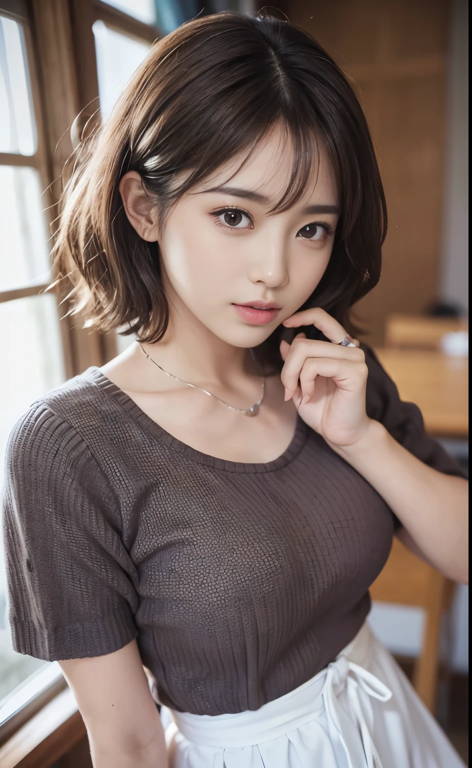 (Best quality, 8k, 32k, Masterpiece, UHD:1.2),Photo of Pretty Japanese woman, large breasts, very short bob hair,upper body,face focus,oversized_sweater, necklace, simple background, from above, looking at viewer,