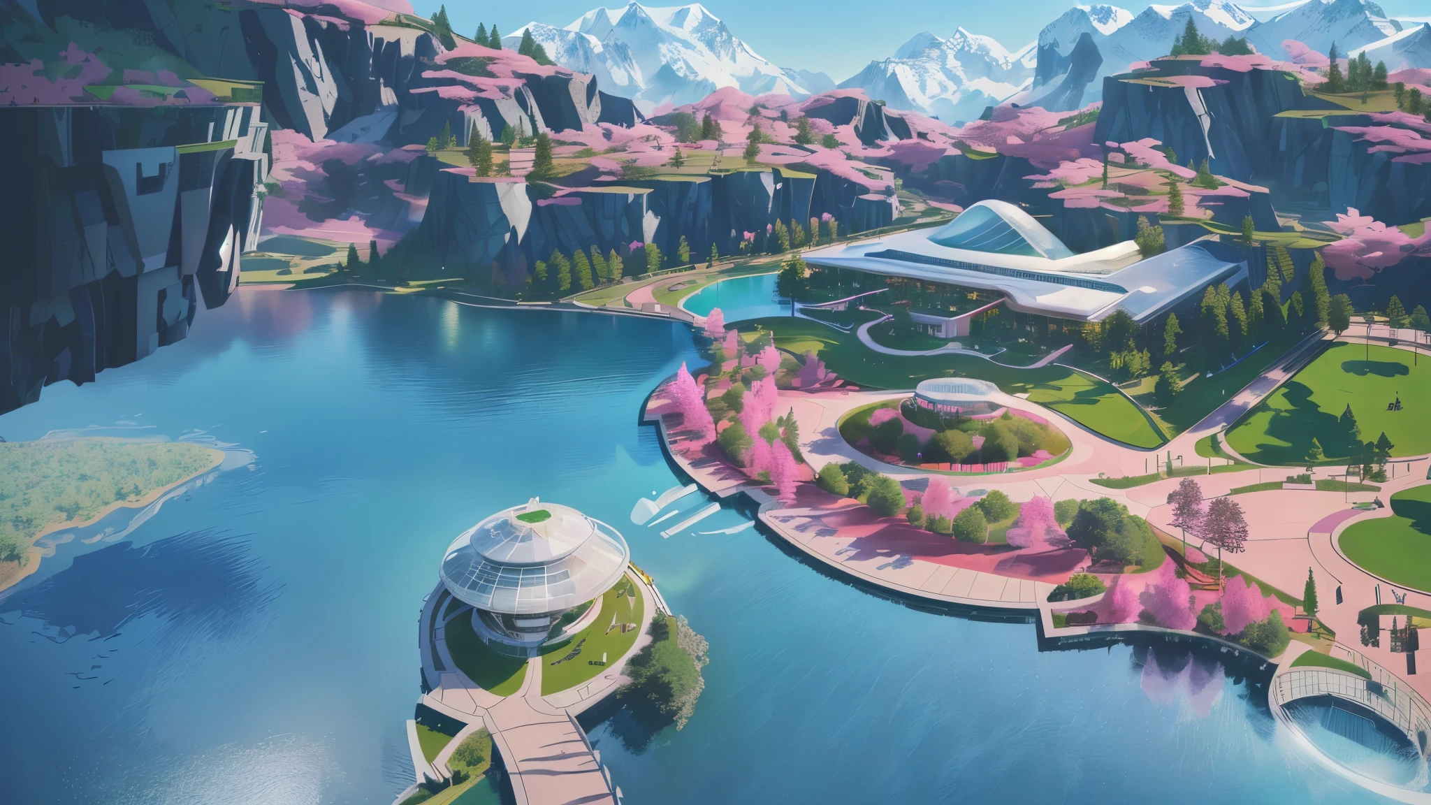 A modern park,Surrounded by high mountains,Multiple vegetation,There is green grass on it,And pink fantasy grass,There is a clear lake in the center,Modern style building,Surrounded by fantasy-style trees and plants。Realistic style,Real light,Authentic materials