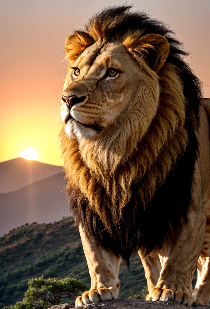 In this scenario,A majestic lion stands on top of a magnificent mountain。Background: slowly setting sun.,Light shines across the landscape,Create warm, breathtaking sunsets。The lion's mane flutters gently in the wind,His gaze is firm and confident。This image shows the beauty and strength of wild animals in their natural ecology.,in the same time, he looks into your eyes with great power. The greatness and splendor of nature is emphasized。This is a picture, which makes you admire and feel the beauty of nature.,A stunning view of lions at sunset on top of the mountain captures the spectacle perfectly..。