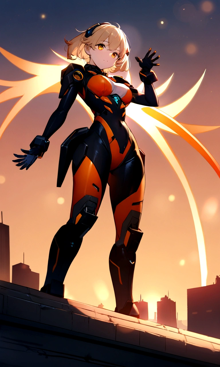 A beautiful captivating image, Energetic girl standing proudly on the roof of a skyscraper, By her futuristic, Mecha style suit. She waved a huge, A powerful sword，Pose confidently，Signal with eyes. energetic colors and details of the suit create a visually stunning contrast to the urban landscape below. energetic, The bokeh effect of the sun casts a warm glow across the scene, And the background is blurred to create a soft, Soft Focus. Large aperture Ridgeline lens, Fast shutter speed, golden hour lights