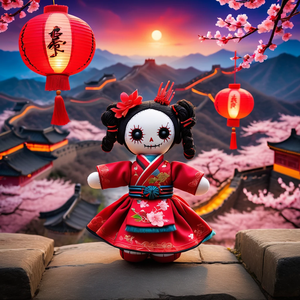 (knitted toy voodoo doll:1.7), (Voodoo Doll:1.3), (Clothing: traditional Chinese attire with dragon patterns:1.0), (Accessories: enchanted fan emitting red light, levitating lanterns:1.1), (background: iconic Great Wall of China with floating cherry blossoms, glowing hills, and sparkling sky:1.2), best quality, masterpiece, detailed soft oil painting, detailed background, dramatic cinematic lighting, soft edge lighting, professional, dramatic lighting, hard edge lighting, ultra quality, 4k, masterpiece, best quality, 8k, ultra high definition, high resolution, extremely detailed