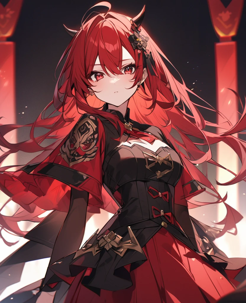 Keito。Red eyes。Red Hair。taurus motif、beautiful girl