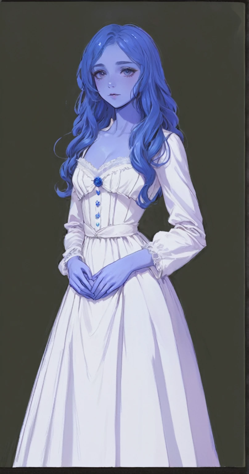 beautiful illustration, ultra-detailed, masterpiece, anime style, victorian white dress, blue skin, girl, long blue hair, wavy hair