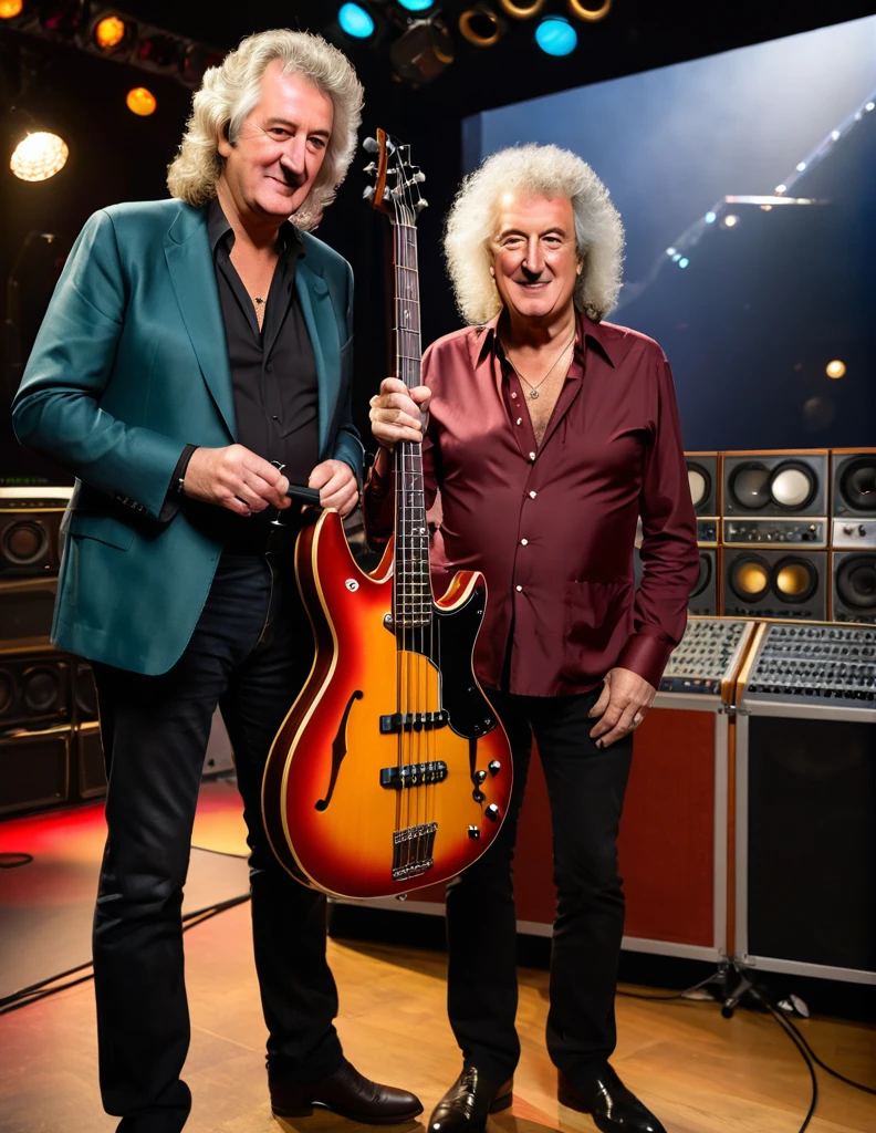 30 yo James May Interviews 30 yo Brian May on a Popular Science TV Show, Discussing the Sound Wave Dynamics of an Acoustic Bass, insanely detailed tv studio properties, bbc cinematic scene, masterpiece professional photograph, shallow depth of field, studio lighting