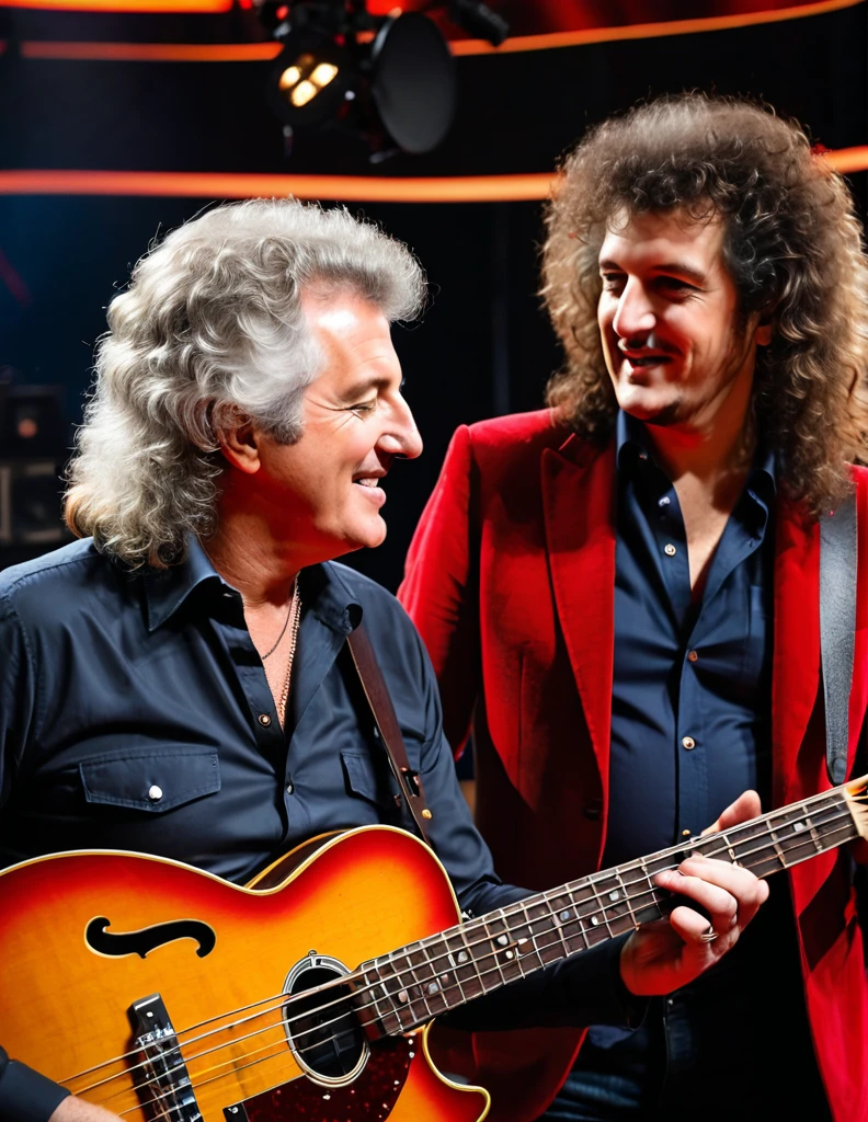 30 yo James May Interviews 30 yo Brian May on a Popular Science TV Show, Discussing the Sound Wave Dynamics of an Acoustic Bass, insanely detailed tv studio properties, bbc cinematic scene, masterpiece professional photograph, shallow depth of field, studio lighting