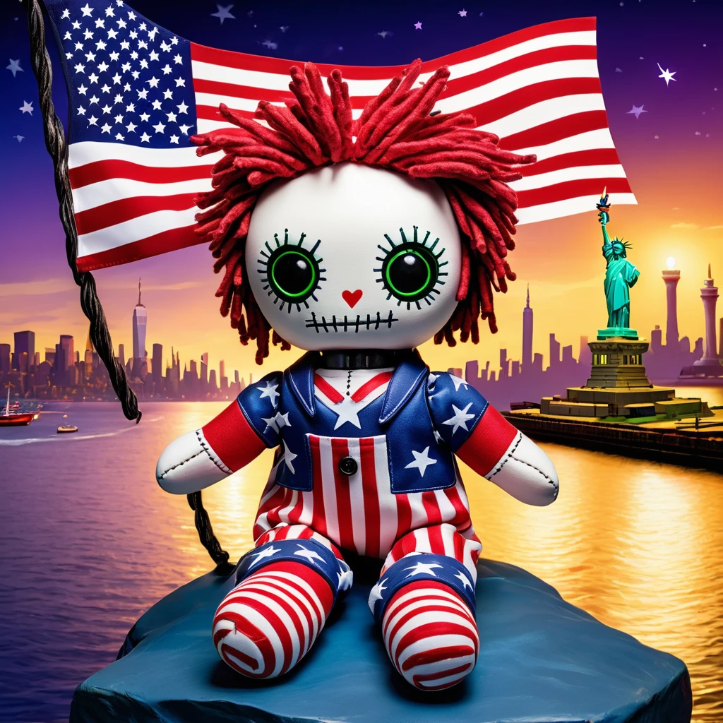 (knitted toy voodoo doll:1.7), (Voodoo Doll:1.3), (Clothing: casual American attire with stars and stripes patterns:1.0), (Accessories: enchanted small flag emitting bright light, levitating backpacks:1.1), (background: iconic Statue of Liberty with floating stars, glowing skyline, and sparkling harbor:1.2), best quality, masterpiece, detailed soft oil painting, detailed background, dramatic cinematic lighting, soft edge lighting, professional, dramatic lighting, hard edge lighting, ultra quality, 4k, masterpiece, best quality, 8k, ultra high definition, high resolution, extremely detailed
