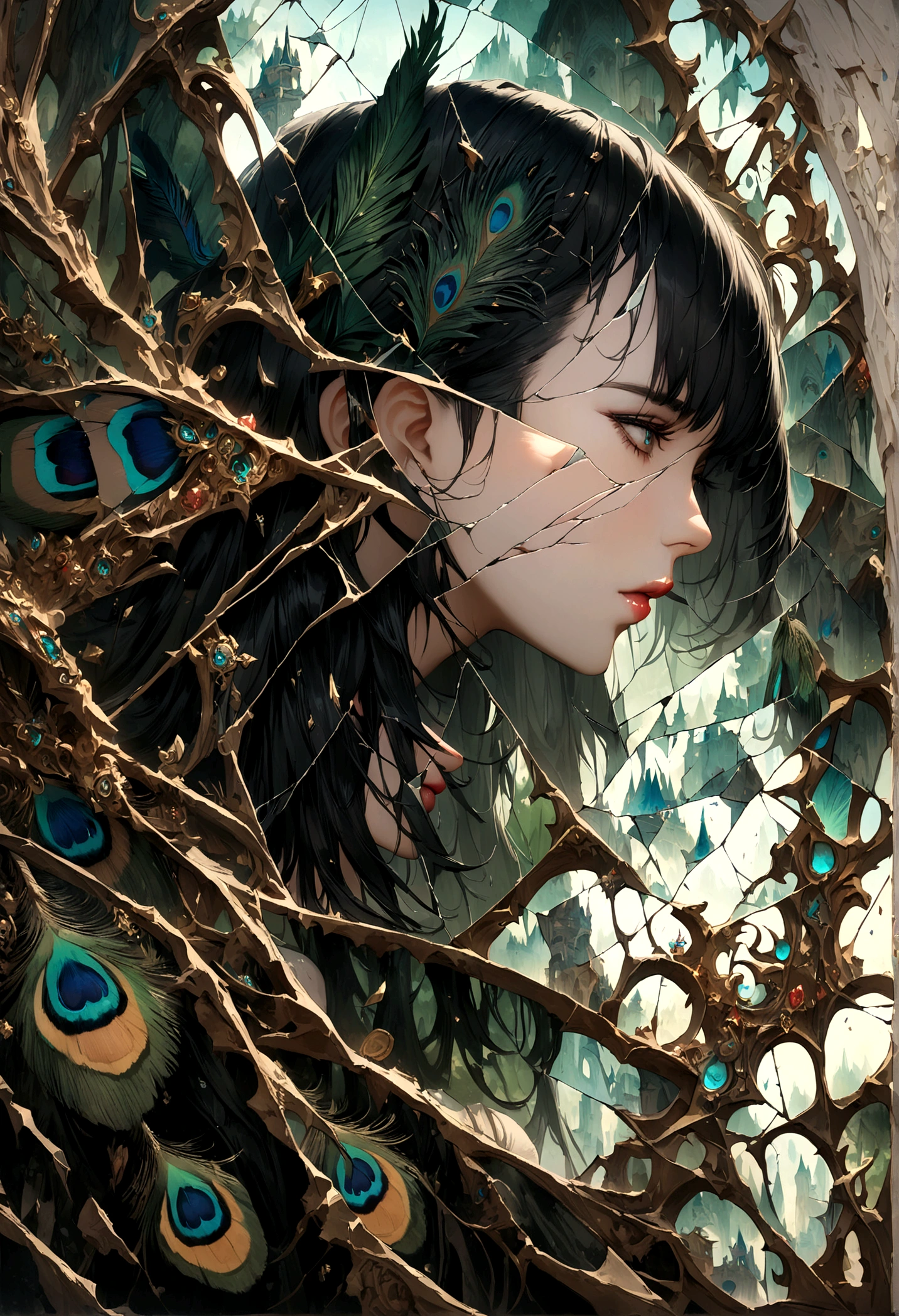 wonderland，Witch with mysterious powers，((beautiful))，Black hair，Dark Castle，Peacock feather，((Broken mirror，Fragments))，magic, Fantastic, Fantasy art concept, Intricate details, best quality, masterpiece, Extremely sharp, Surrealism