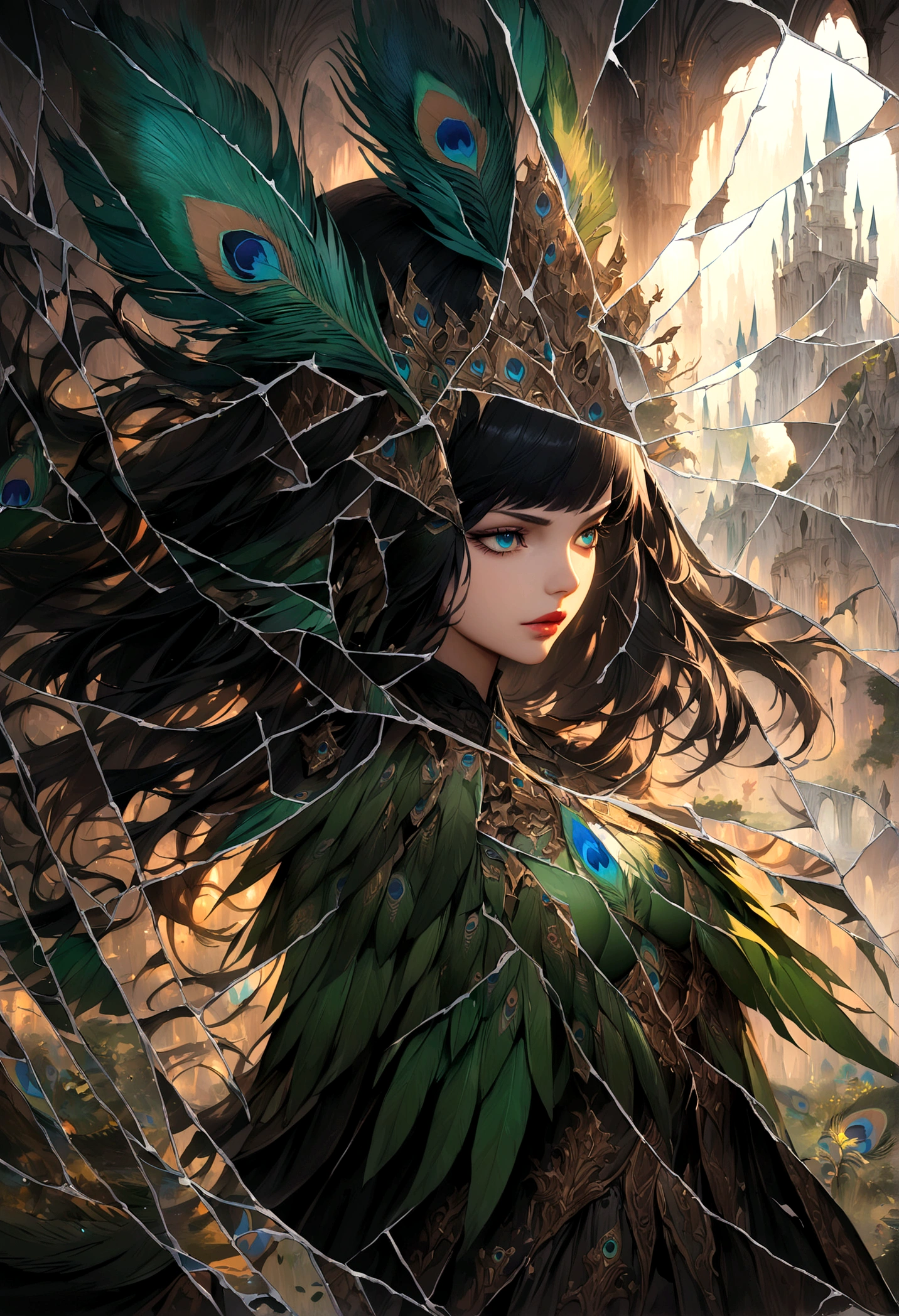 wonderland,Witch with mysterious powers,((beautiful)),Black hair,Dark Castle,Peacock feather,((Broken mirror,Fragments)),magic, Fantastic, Fantasy art concept, Intricate details, best quality, masterpiece, Extremely sharp, Surrealism