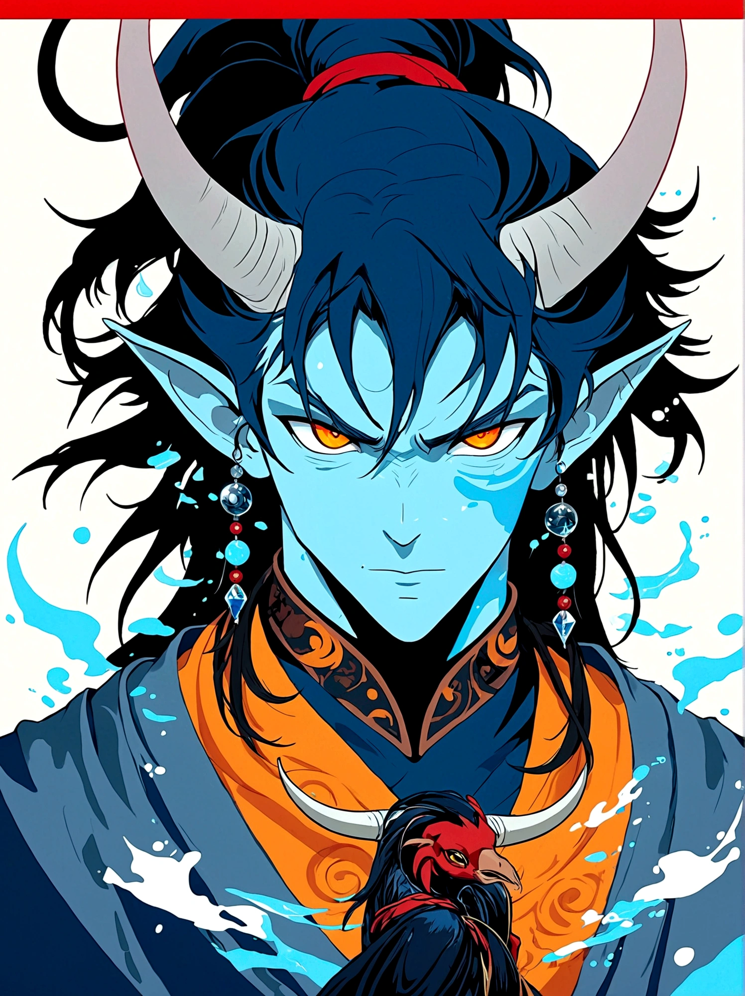 Blue Elf Boy，Orange eyes，High Ponytail，With horns
